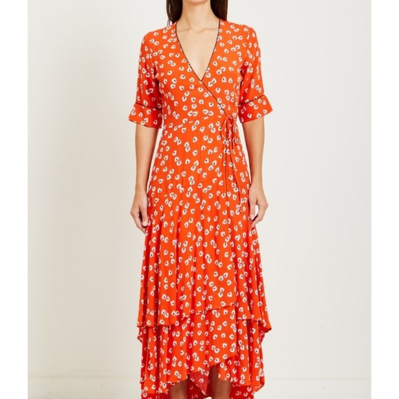 Ganni Dress Red Orange Wrap Dress Maxi Dress US size 2/4 - Picture 2 of 7